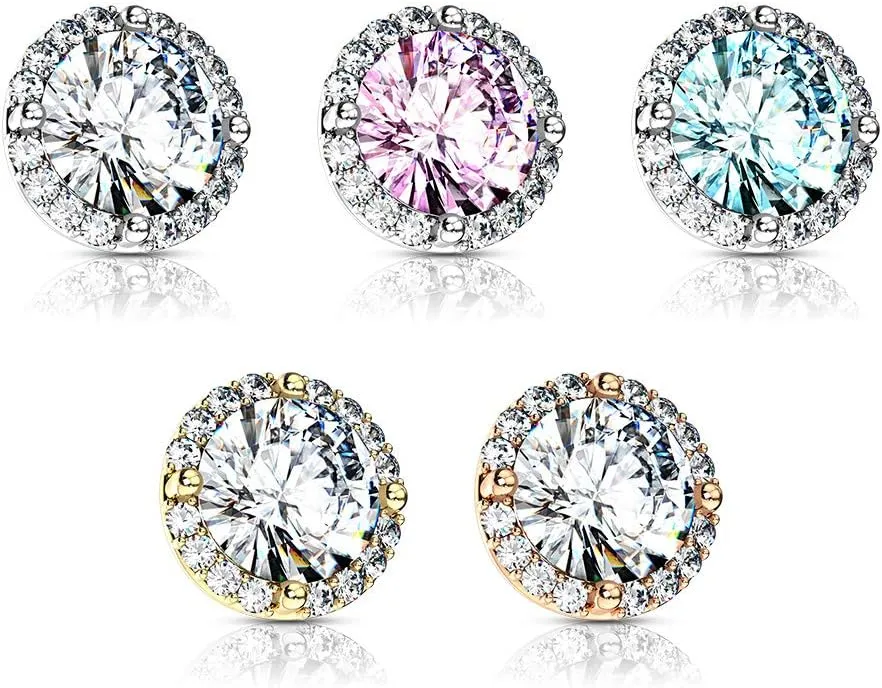 FIFTH CUE 14G Round Prong Set CZ Center w/CZ Around 316L Surgical Steel Internally Threaded Dermal Top