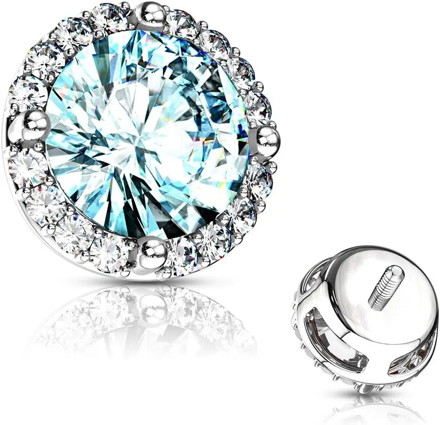 FIFTH CUE 14G Round Prong Set CZ Center w/CZ Around 316L Surgical Steel Internally Threaded Dermal Top