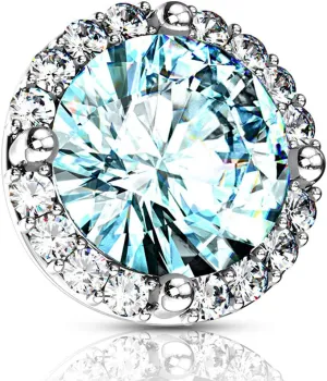 FIFTH CUE 14G Round Prong Set CZ Center w/CZ Around 316L Surgical Steel Internally Threaded Dermal Top