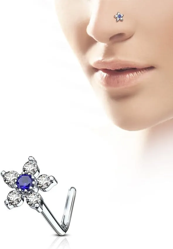 FIFTH CUE 20G 6 CZ Flower Top 316L Surgical Steel L Bend Stud Nose Ring