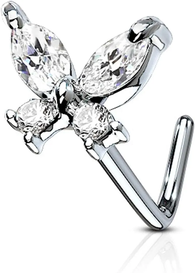 FIFTH CUE 20G CZ Butterfly 316L Surgical Steel L Bend Stud Nose Ring