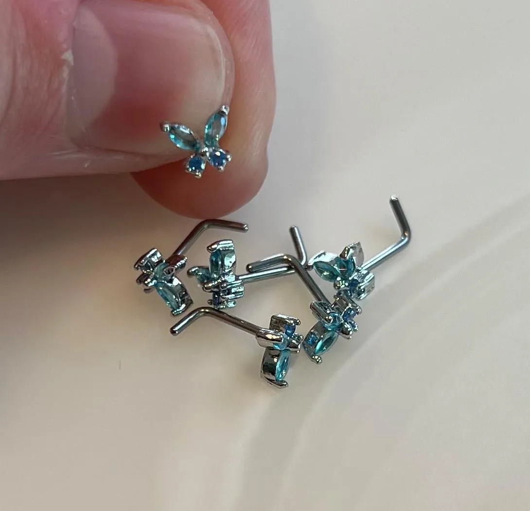 FIFTH CUE 20G CZ Butterfly 316L Surgical Steel L Bend Stud Nose Ring
