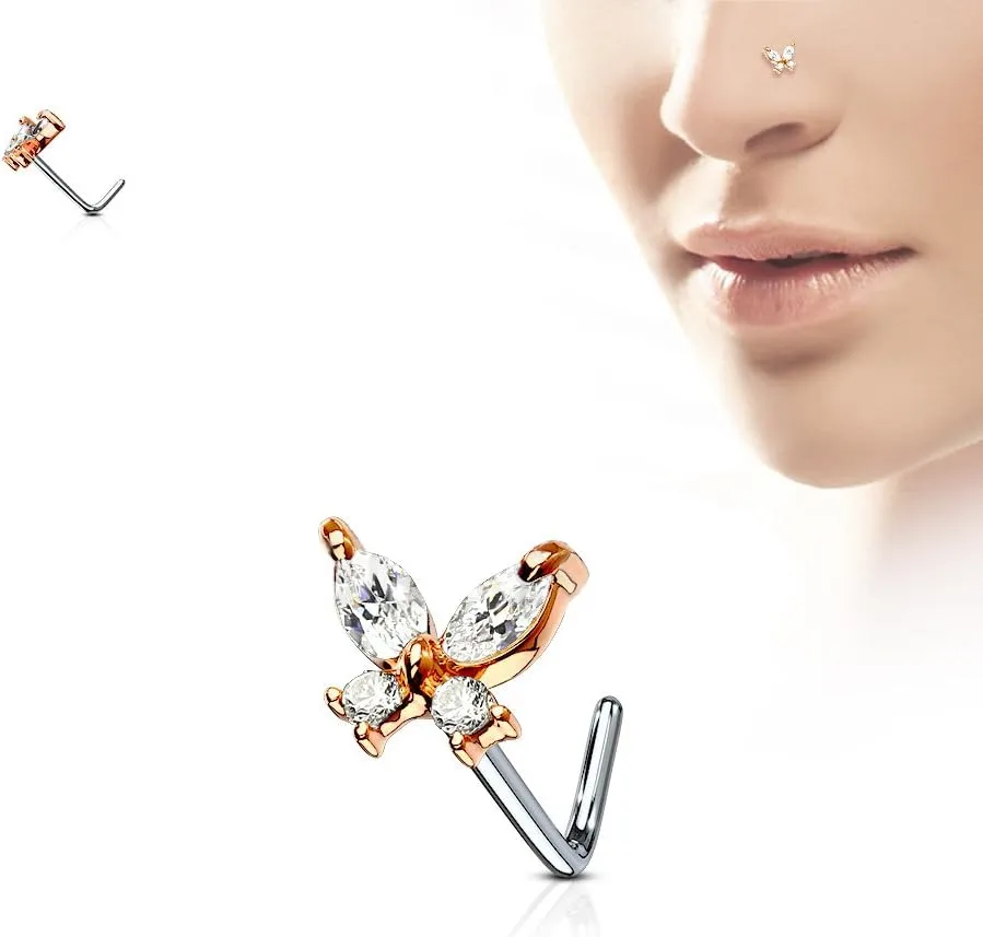 FIFTH CUE 20G CZ Butterfly 316L Surgical Steel L Bend Stud Nose Ring
