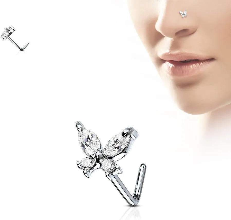 FIFTH CUE 20G CZ Butterfly 316L Surgical Steel L Bend Stud Nose Ring