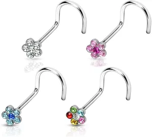 FIFTH CUE 4pc 6-Gem Flower 316L Surgical Steel Nose Screw Value Pack