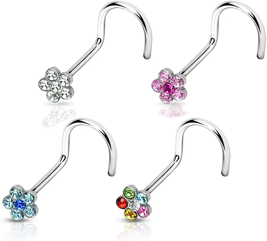 FIFTH CUE 4pc 6-Gem Flower 316L Surgical Steel Nose Screw Value Pack