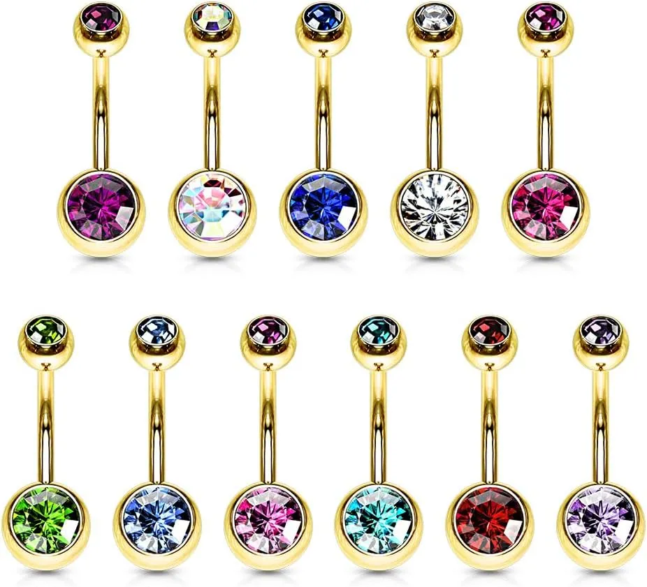 FIFTH CUE Double Press Fit Jeweled Gold IP over 316L surgical Steel Belly Button Rings