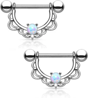 FIFTH CUE Opal Centered Filigree Drop 316L Surgical Steel Nipple Barbell Ring (Sold as Pair)