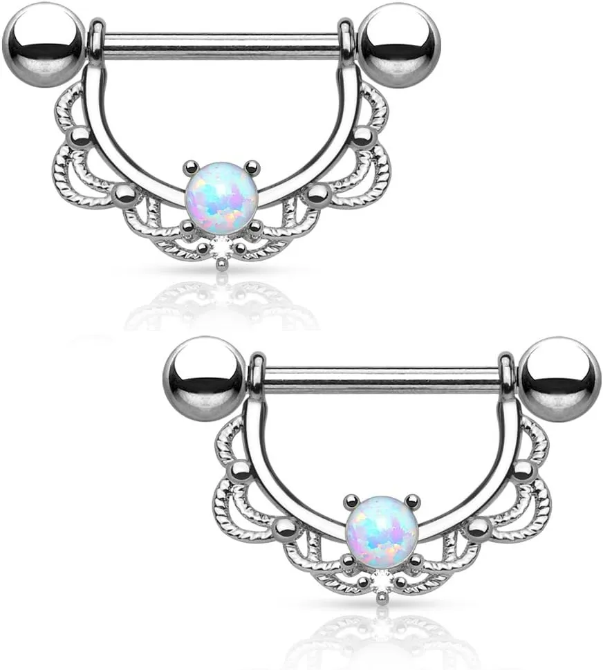 FIFTH CUE Opal Centered Filigree Drop 316L Surgical Steel Nipple Barbell Ring (Sold as Pair)