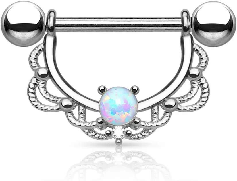 FIFTH CUE Opal Centered Filigree Drop 316L Surgical Steel Nipple Barbell Ring (Sold as Pair)
