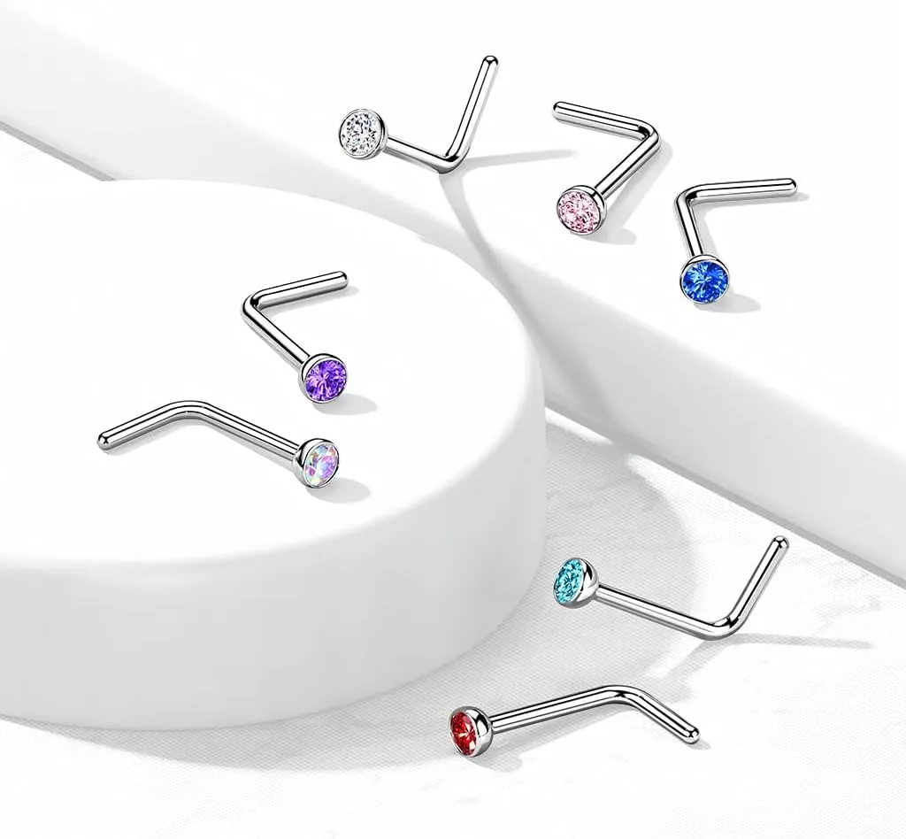 FIFTH CUE Solid Grade 23 Titanium Press Fit Cubic Zirconia 2mm Micro Ball Top L bend Stud Nose Ring