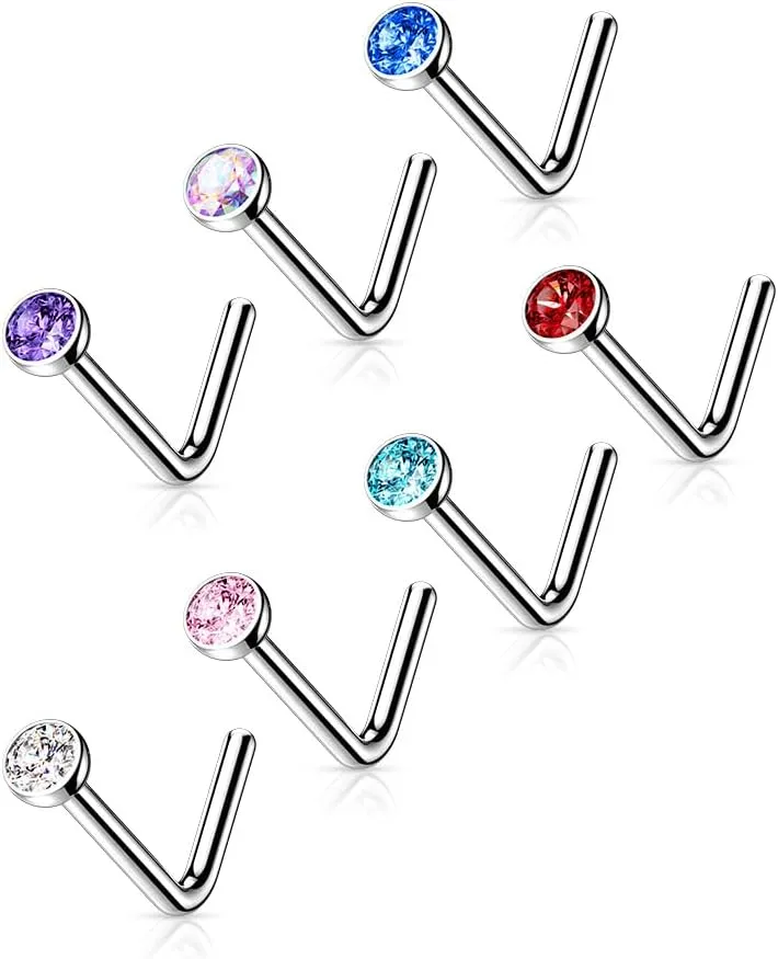 FIFTH CUE Solid Grade 23 Titanium Press Fit Cubic Zirconia 2mm Micro Ball Top L bend Stud Nose Ring