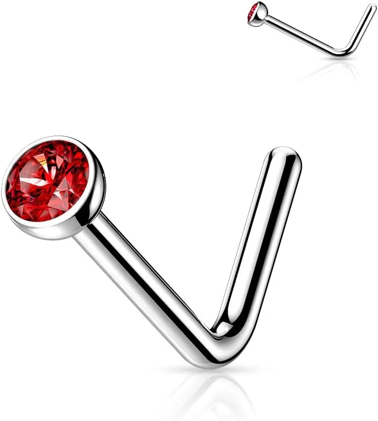 FIFTH CUE Solid Grade 23 Titanium Press Fit Cubic Zirconia 2mm Micro Ball Top L bend Stud Nose Ring