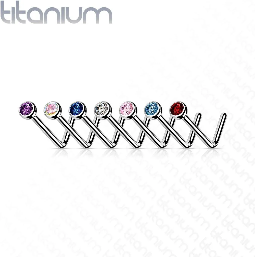 FIFTH CUE Solid Grade 23 Titanium Press Fit Cubic Zirconia 2mm Micro Ball Top L bend Stud Nose Ring