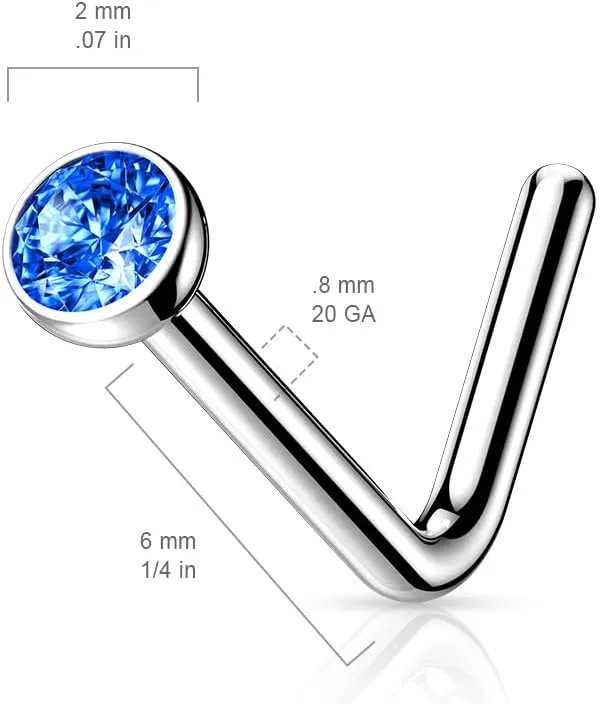 FIFTH CUE Solid Grade 23 Titanium Press Fit Cubic Zirconia 2mm Micro Ball Top L bend Stud Nose Ring