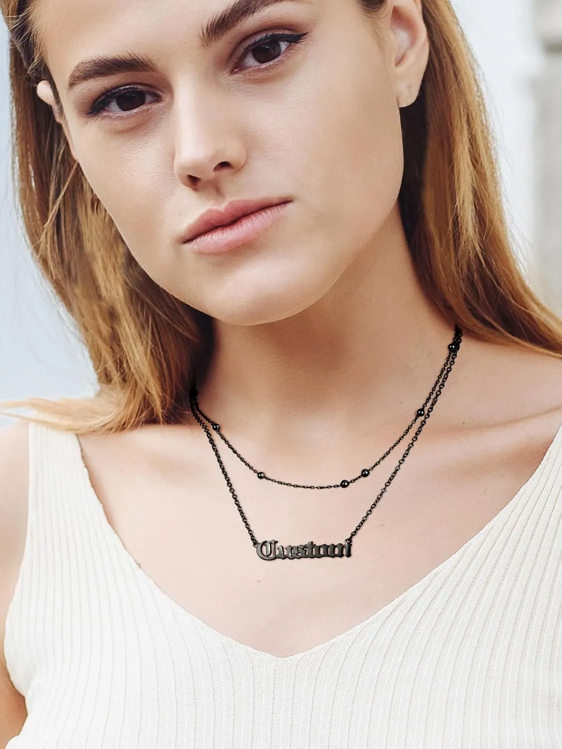 FindChic Custom Name Necklace Personalized Stainless Steel Layered Necklace for Women Girls Gold Plated/Black Name Plate Jewelry Gift for Gf Mom Daughter, with Gift Box