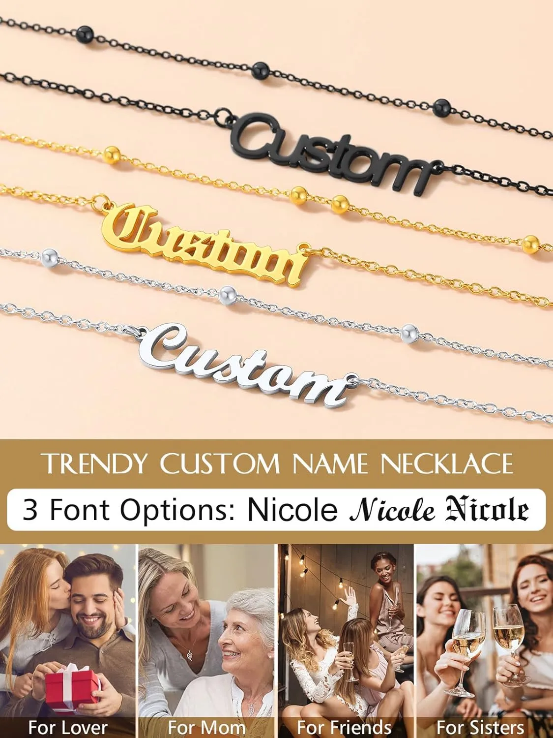 FindChic Custom Name Necklace Personalized Stainless Steel Layered Necklace for Women Girls Gold Plated/Black Name Plate Jewelry Gift for Gf Mom Daughter, with Gift Box
