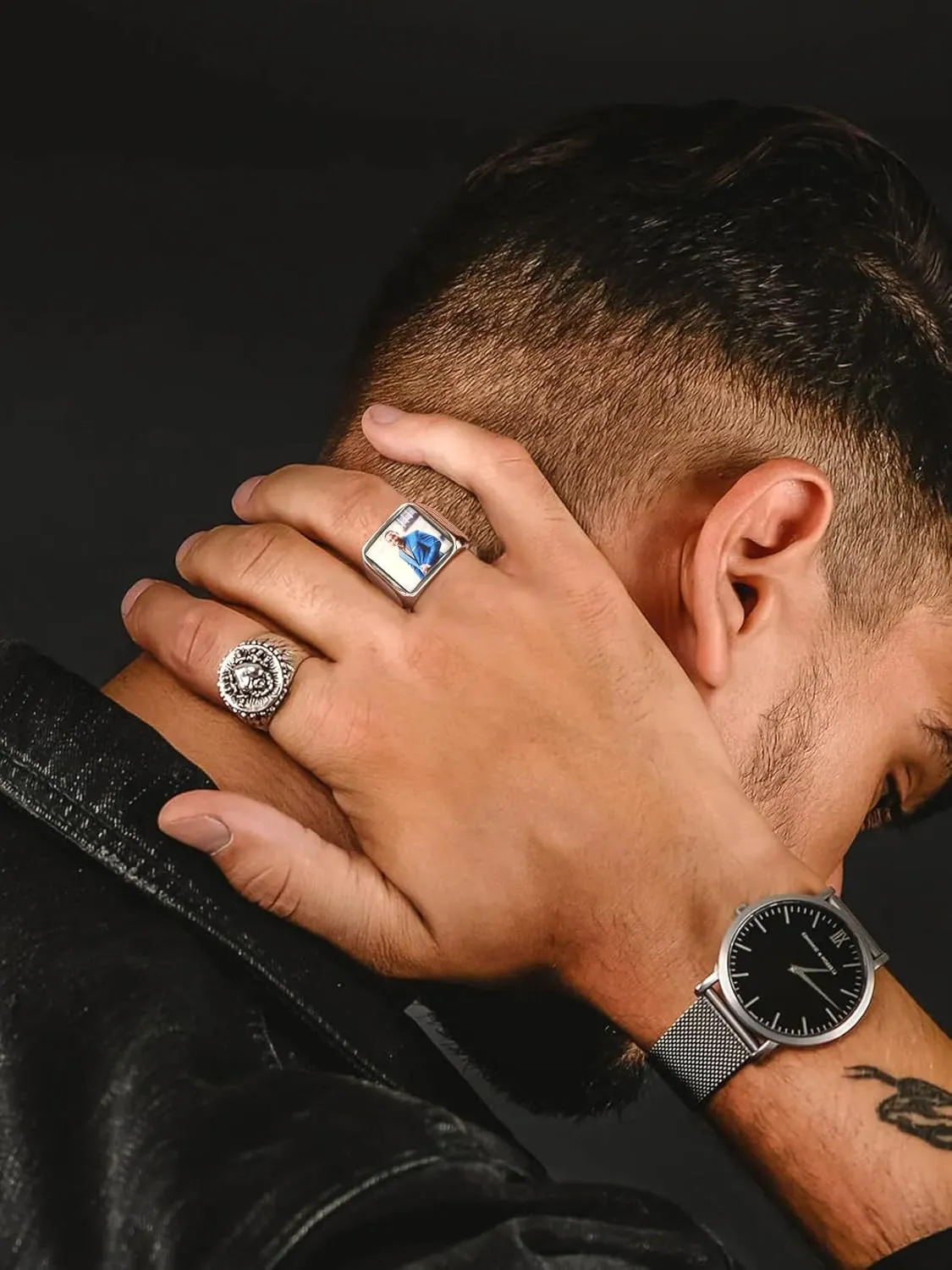 FindChic Customized Signet Photo Rings Square/Heart/Round Chunky Band Ring Stainless Steel/18K Gold Plated/Black Size 7 to 14 Personalized Jewelry for Men Women, Send Gift Box