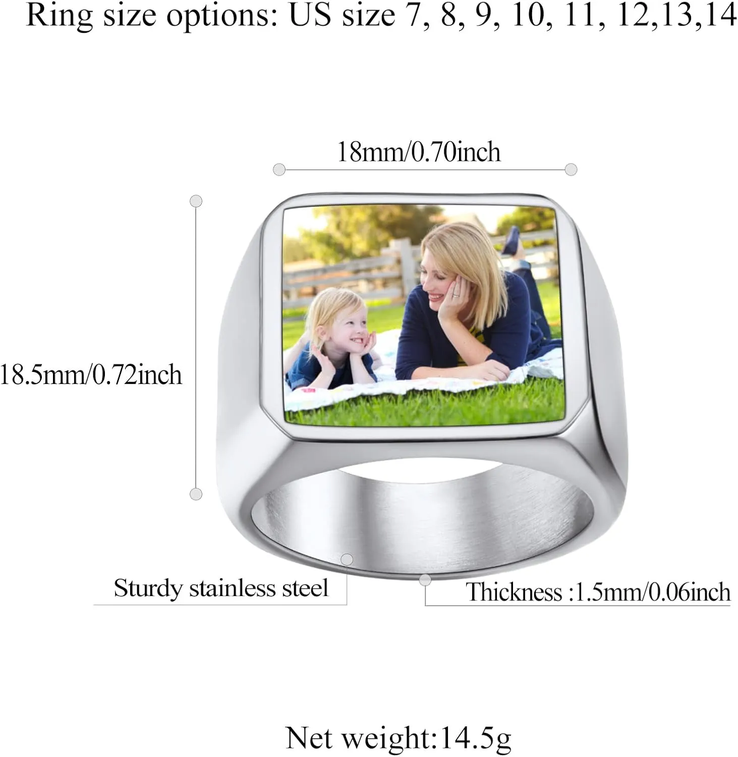 FindChic Customized Signet Photo Rings Square/Heart/Round Chunky Band Ring Stainless Steel/18K Gold Plated/Black Size 7 to 14 Personalized Jewelry for Men Women, Send Gift Box