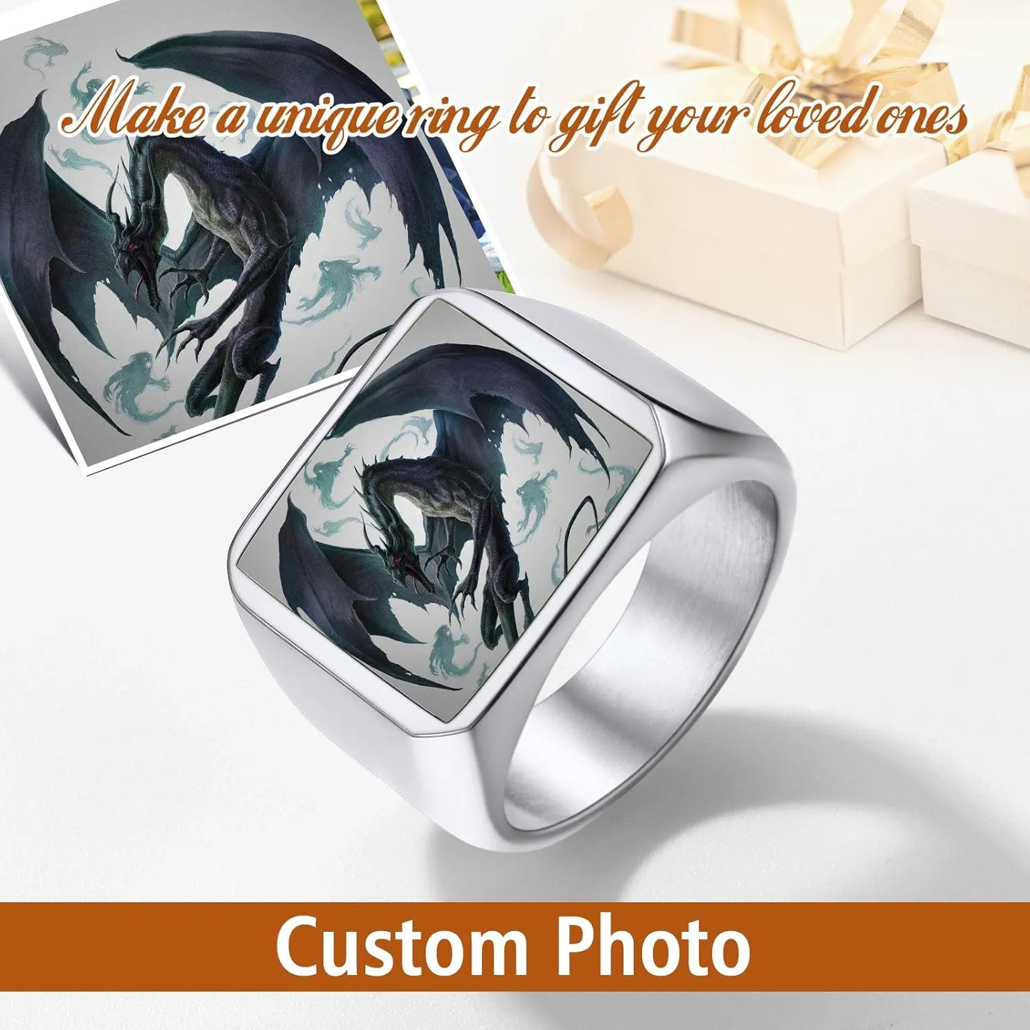 FindChic Customized Signet Photo Rings Square/Heart/Round Chunky Band Ring Stainless Steel/18K Gold Plated/Black Size 7 to 14 Personalized Jewelry for Men Women, Send Gift Box