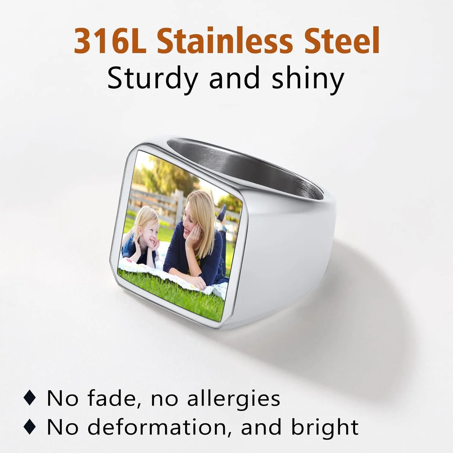 FindChic Customized Signet Photo Rings Square/Heart/Round Chunky Band Ring Stainless Steel/18K Gold Plated/Black Size 7 to 14 Personalized Jewelry for Men Women, Send Gift Box