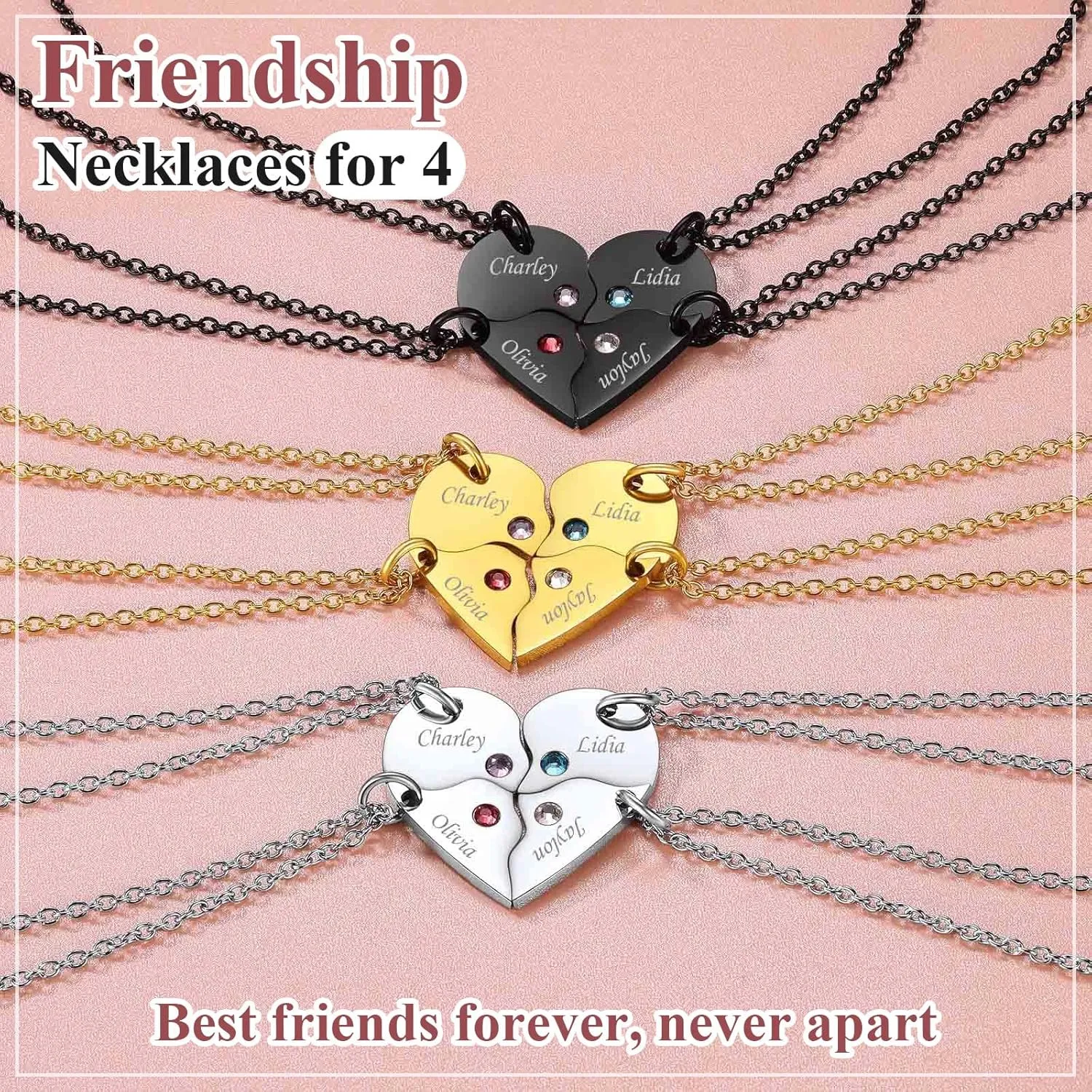 FindChic Personalized Matching BFF Necklace for 2/3/4/5/6 Puzzle Name Heart Pendant Stainless Steel Couple Necklace Set Customized Necklaces for Teen Girls