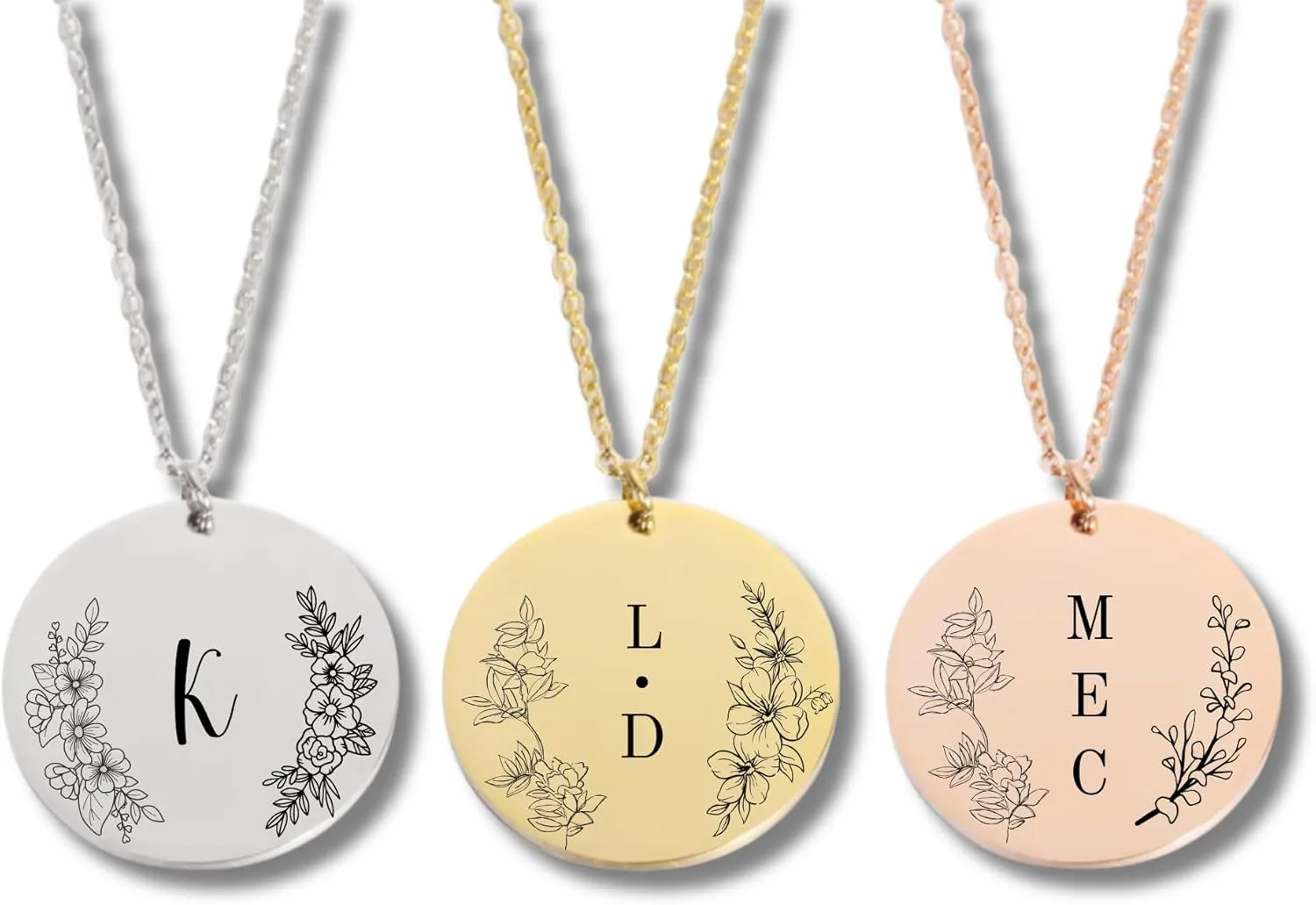 Flower Disc Necklace - Stainless Steel Engraved Necklace, Customized Name Disc Necklace, Personalized Jewelry Gift for Women