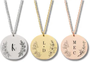 Flower Disc Necklace - Stainless Steel Engraved Necklace, Customized Name Disc Necklace, Personalized Jewelry Gift for Women
