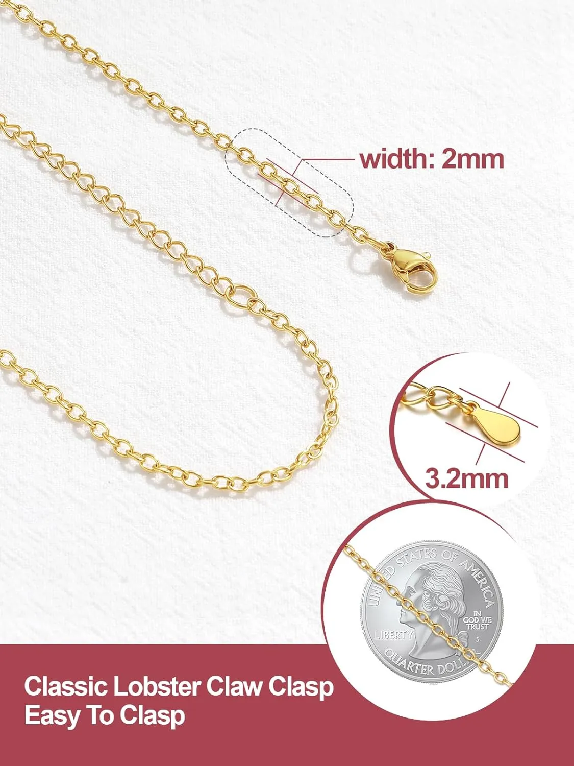 FOCALOOK Womens Chain Necklaces 2MM Rolo Cable Necklace, 316L Stainless Steel Silver/Black/14K Gold/Rose Gold Plated, Hypoallergenic Chains for Pendant,14-30"