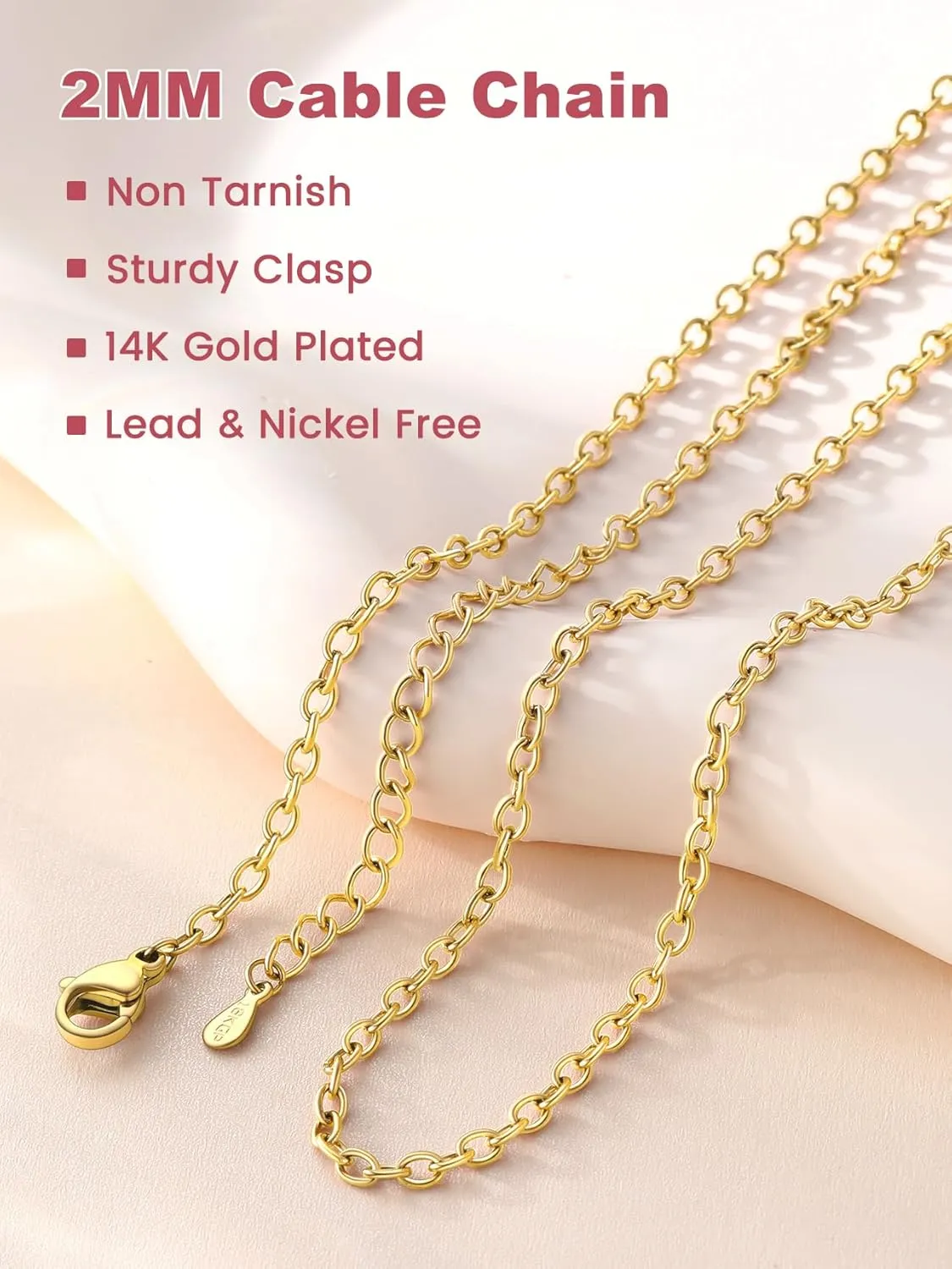FOCALOOK Womens Chain Necklaces 2MM Rolo Cable Necklace, 316L Stainless Steel Silver/Black/14K Gold/Rose Gold Plated, Hypoallergenic Chains for Pendant,14-30"