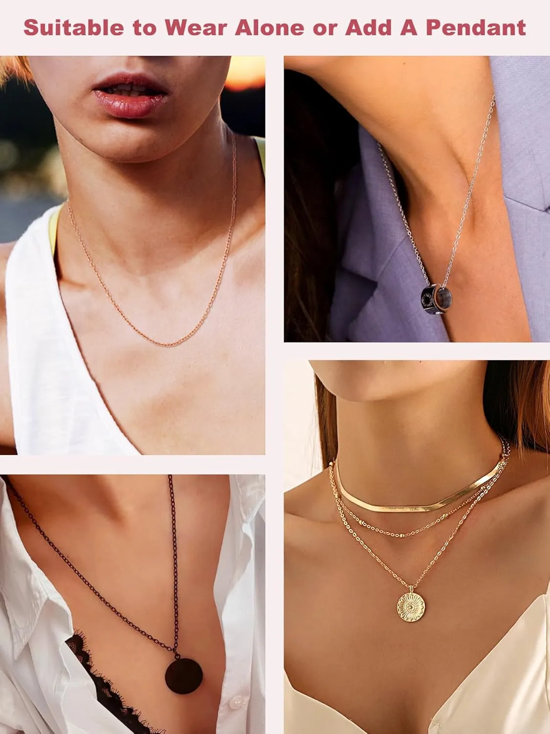 FOCALOOK Womens Chain Necklaces 2MM Rolo Cable Necklace, 316L Stainless Steel Silver/Black/14K Gold/Rose Gold Plated, Hypoallergenic Chains for Pendant,14-30"