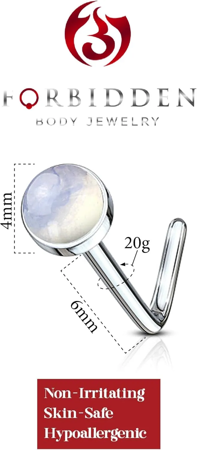 Forbidden Body Jewelry 20g nose stud, nose studs for women, nose piercing stud, L shaped nose studs, nose ring L shape, surgical steal synthetic faux gemstone top.