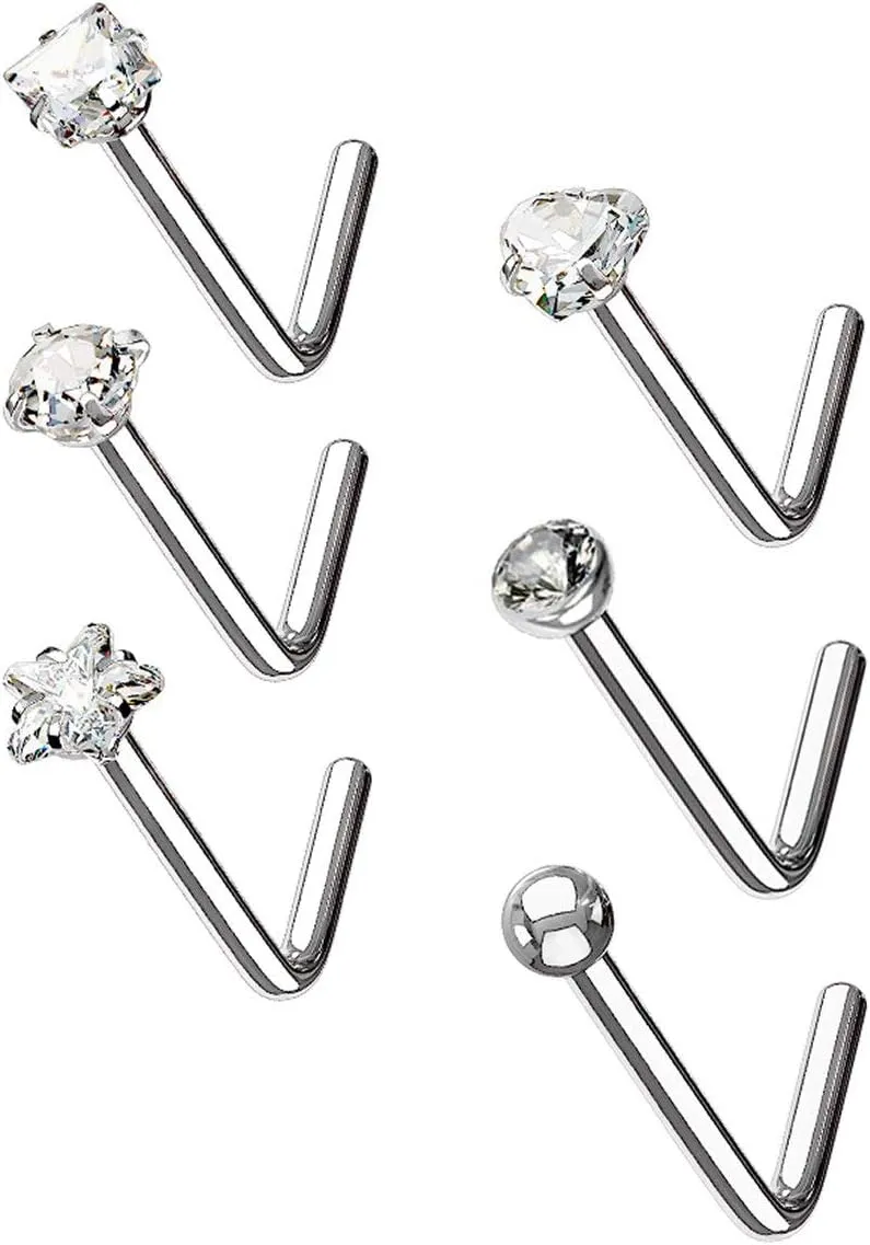 Forbidden Body Jewelry 7Pc Value Pack: 20g Surgical Steel L Shape Nose Rings *PLUS FREE* Bioflex Retainer