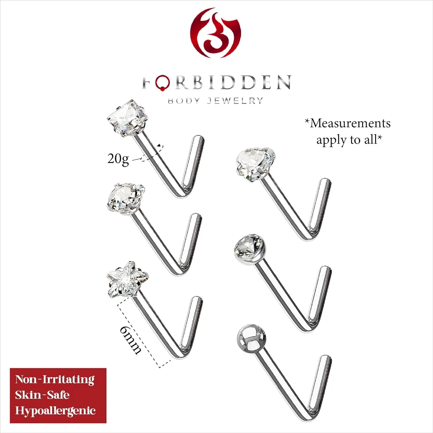 Forbidden Body Jewelry 7Pc Value Pack: 20g Surgical Steel L Shape Nose Rings *PLUS FREE* Bioflex Retainer