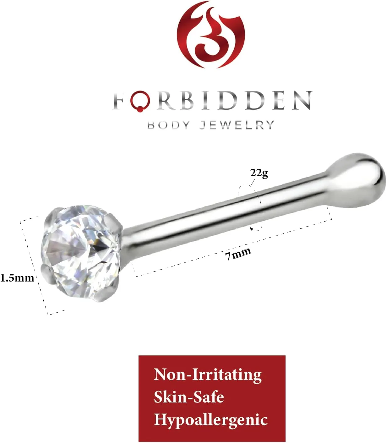 Forbidden Body Jewelry Nose Rings Sterling Silver CZ Simulated Diamond Bone Studs, 1.5mm Crystal 22g