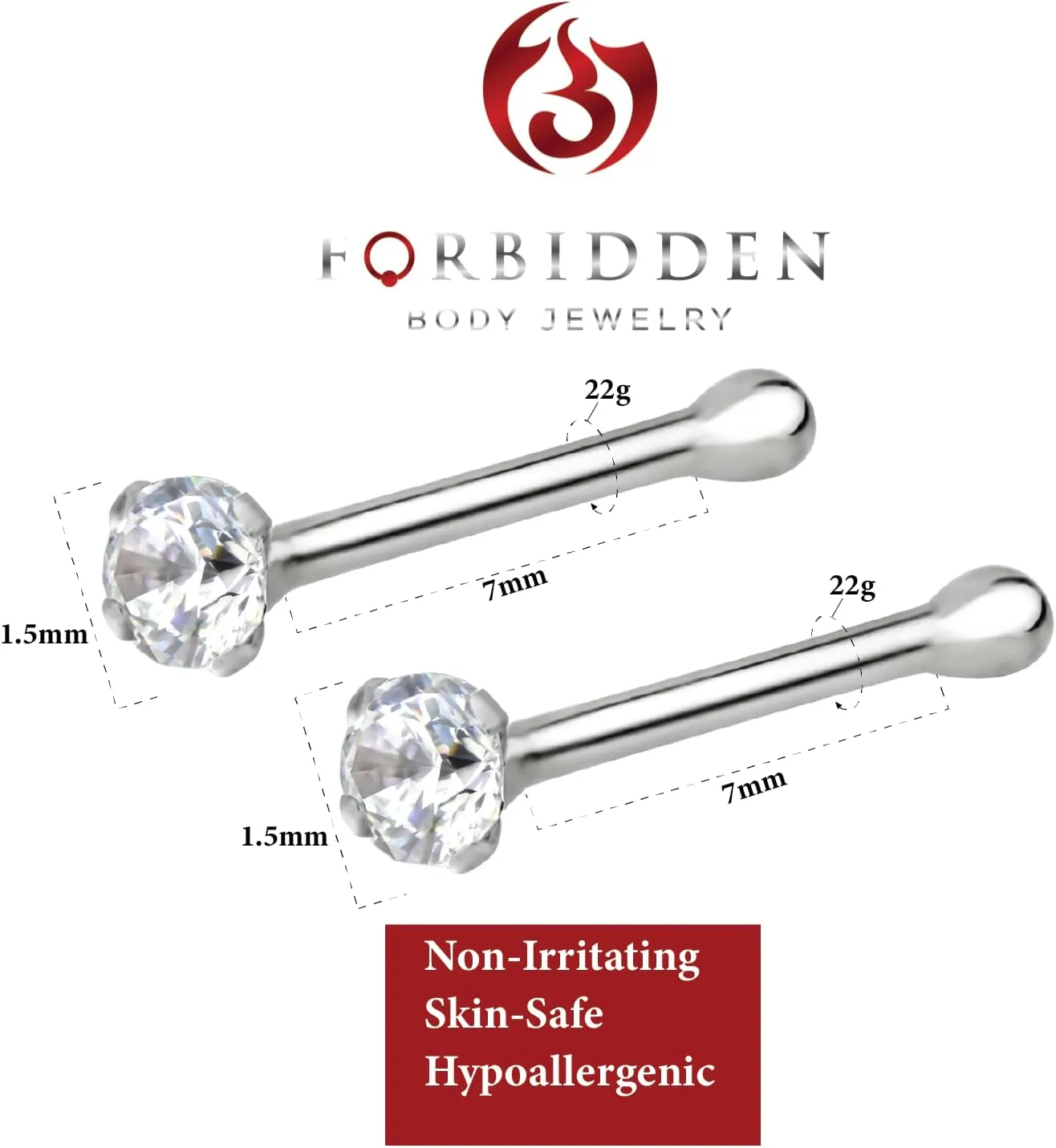 Forbidden Body Jewelry Nose Rings Sterling Silver CZ Simulated Diamond Bone Studs, 1.5mm Crystal 22g