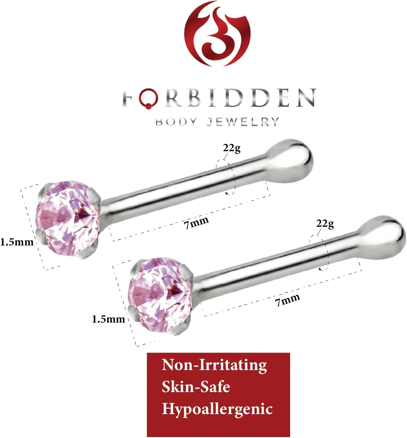Forbidden Body Jewelry Nose Rings Sterling Silver CZ Simulated Diamond Bone Studs, 1.5mm Crystal 22g