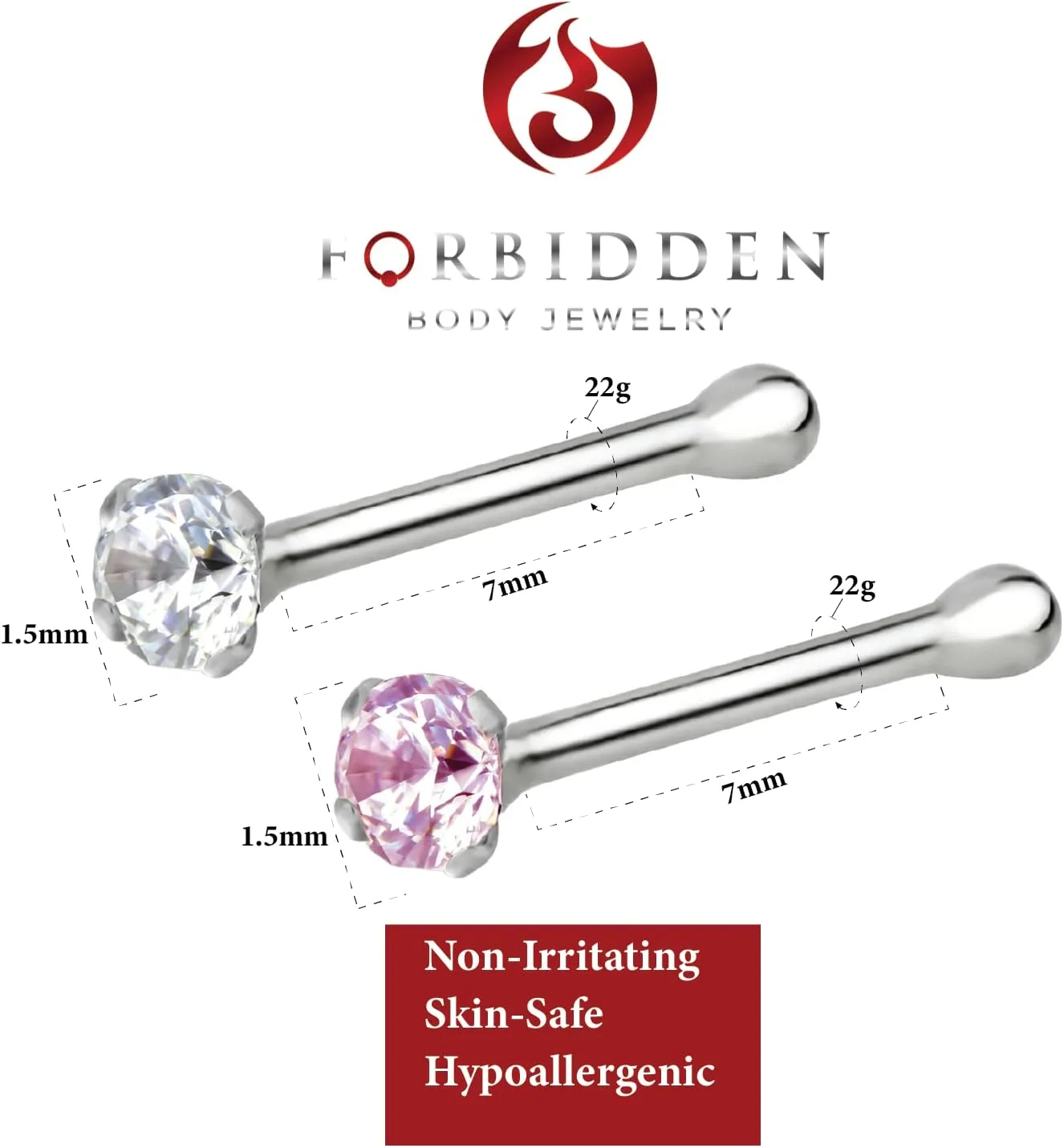 Forbidden Body Jewelry Nose Rings Sterling Silver CZ Simulated Diamond Bone Studs, 1.5mm Crystal 22g