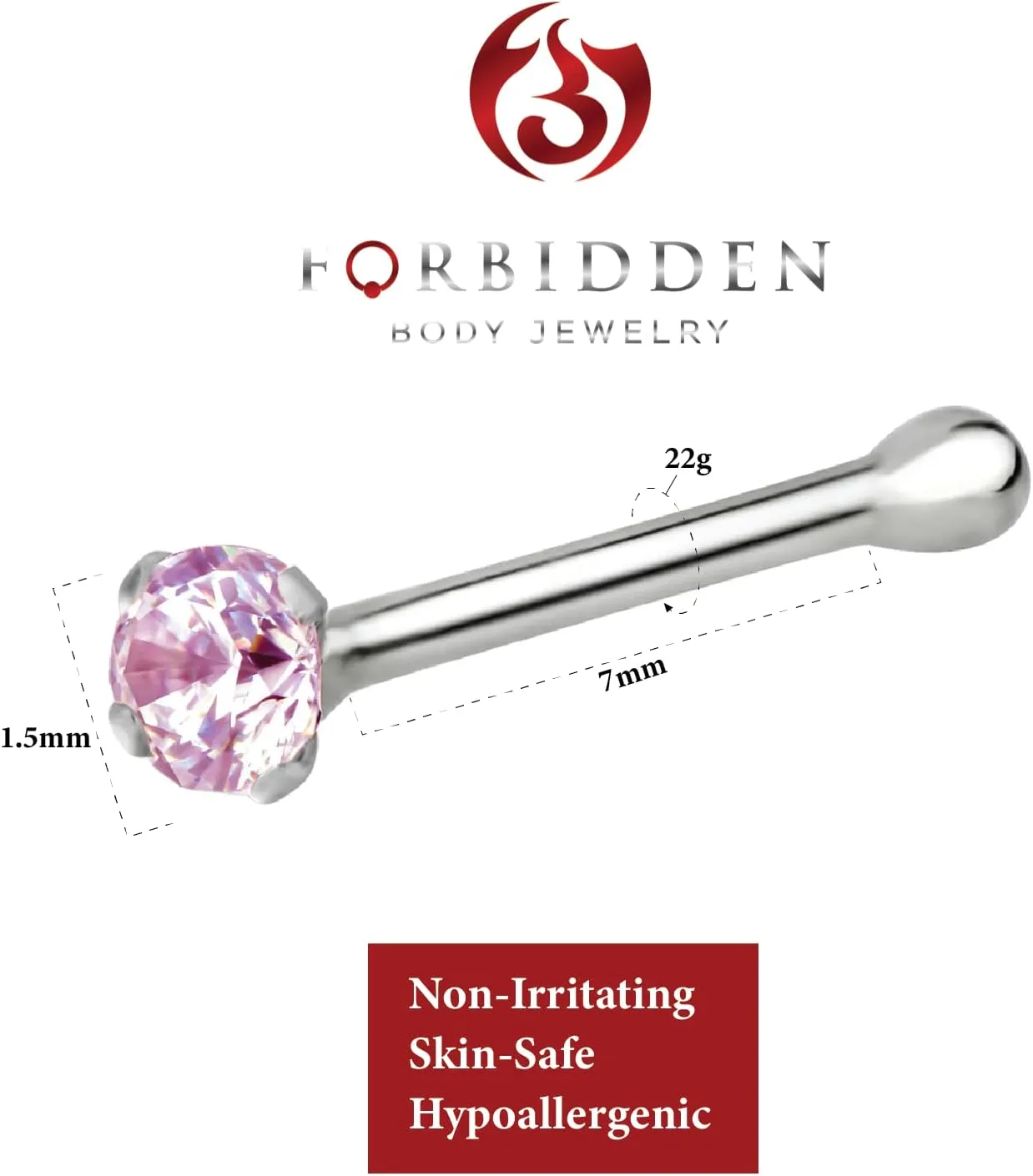 Forbidden Body Jewelry Nose Rings Sterling Silver CZ Simulated Diamond Bone Studs, 1.5mm Crystal 22g