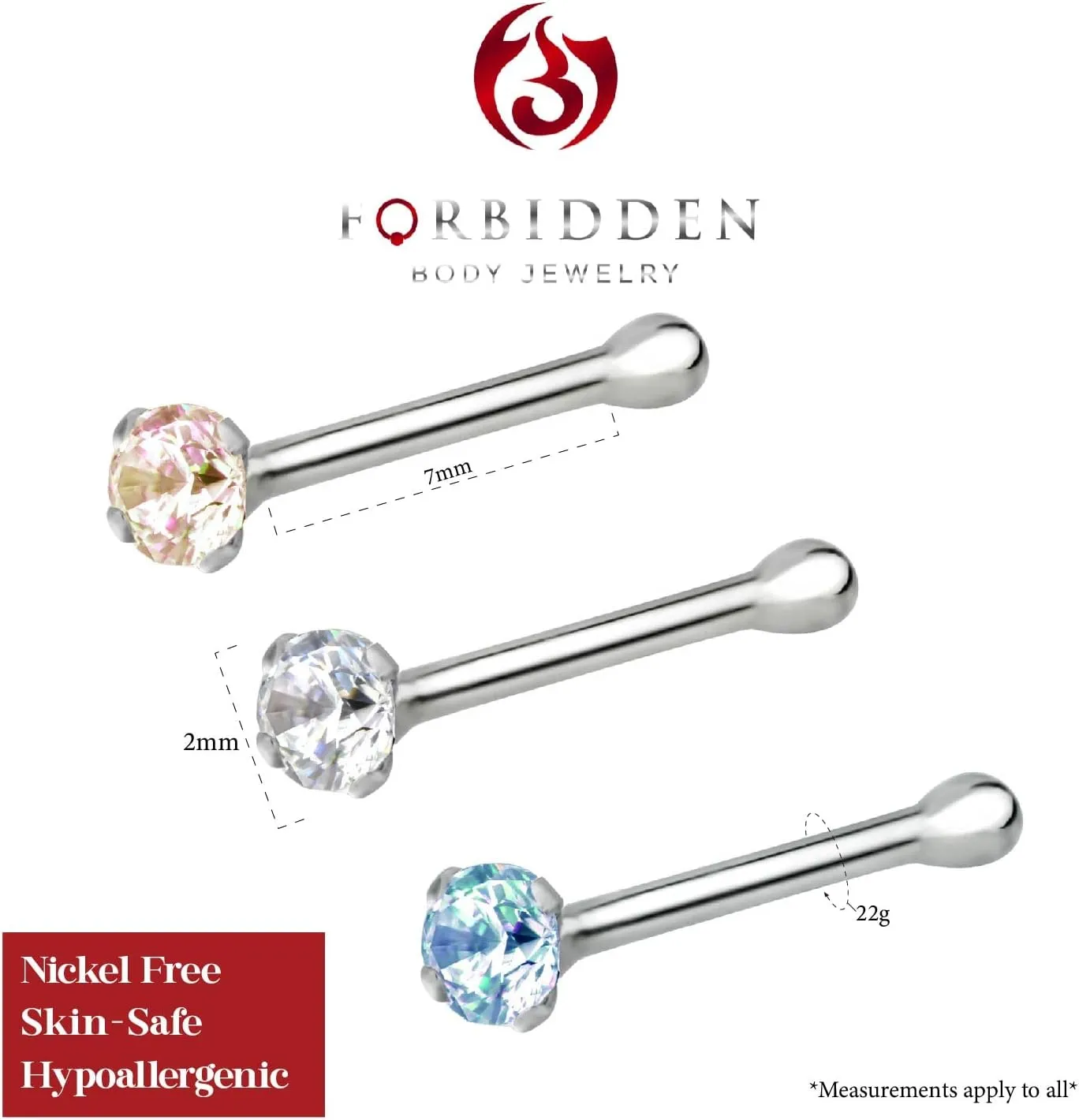 Forbidden Body Jewelry Nose Rings Sterling Silver CZ Simulated Diamond Micro Nose Studs 22G (Set of 3)