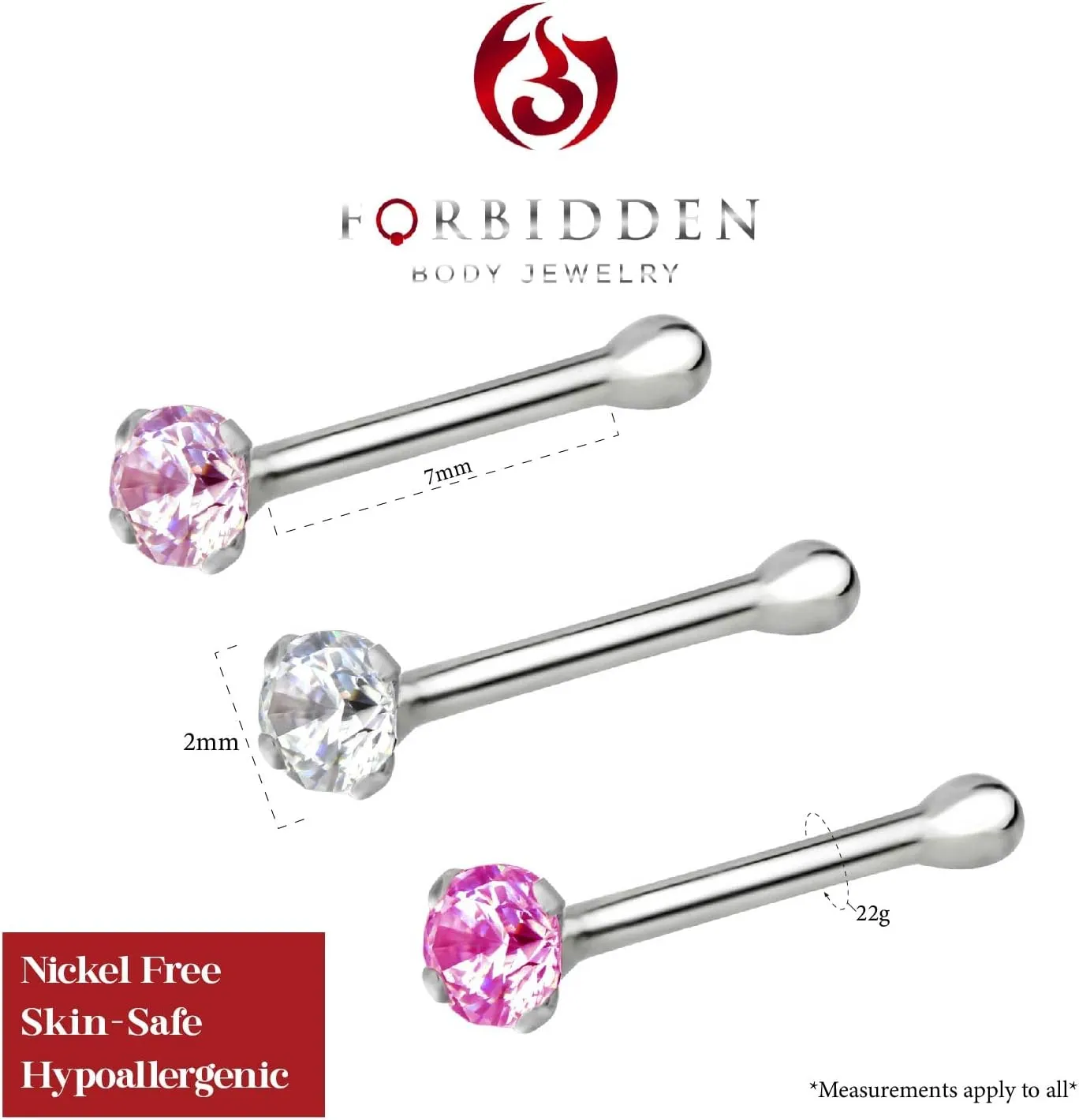 Forbidden Body Jewelry Nose Rings Sterling Silver CZ Simulated Diamond Micro Nose Studs 22G (Set of 3)