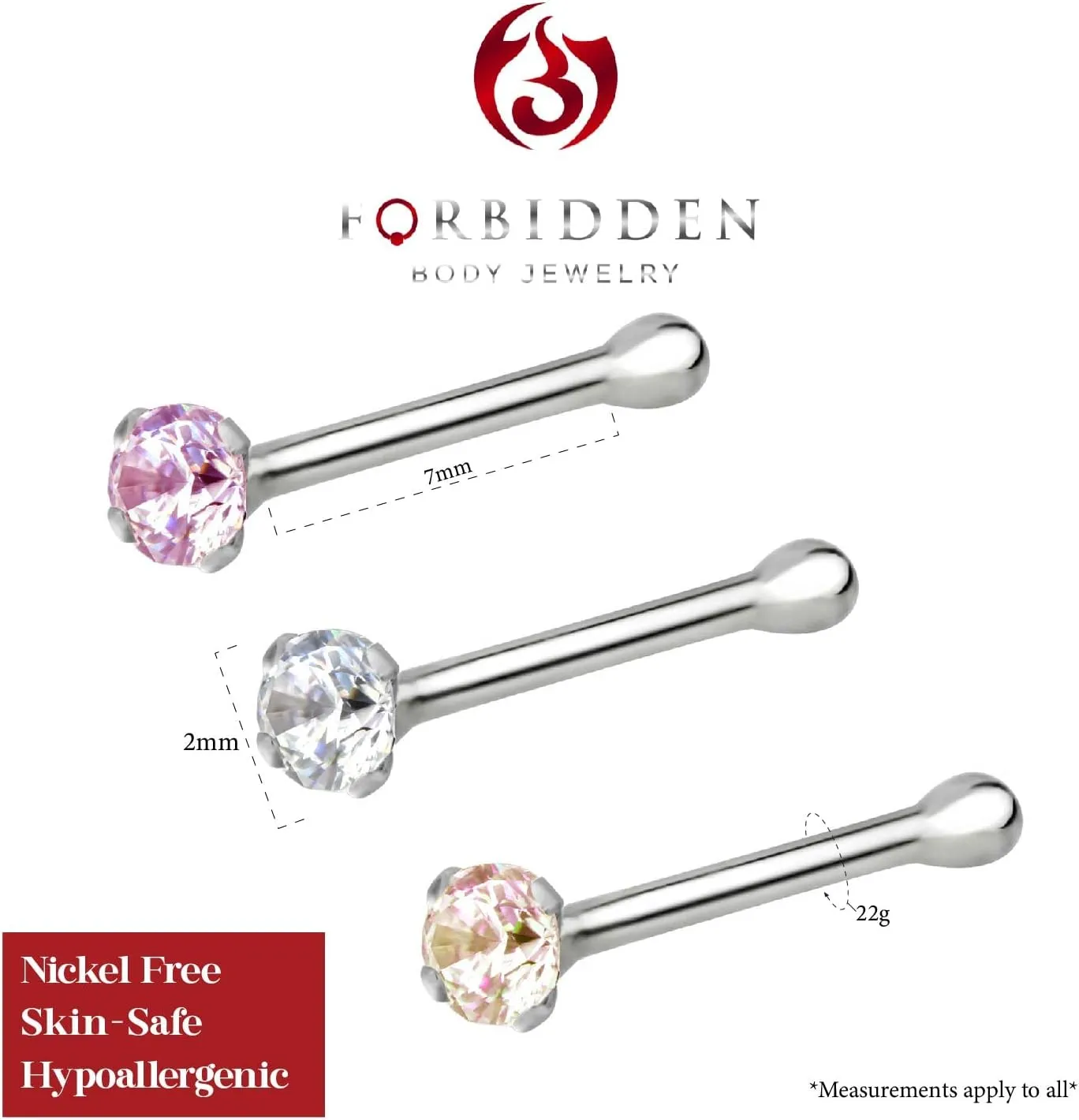 Forbidden Body Jewelry Nose Rings Sterling Silver CZ Simulated Diamond Micro Nose Studs 22G (Set of 3)