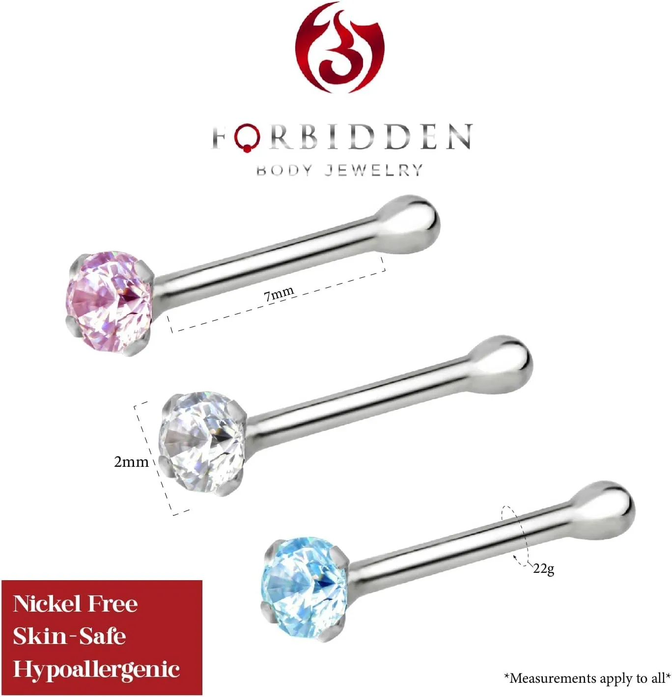 Forbidden Body Jewelry Nose Rings Sterling Silver CZ Simulated Diamond Micro Nose Studs 22G (Set of 3)