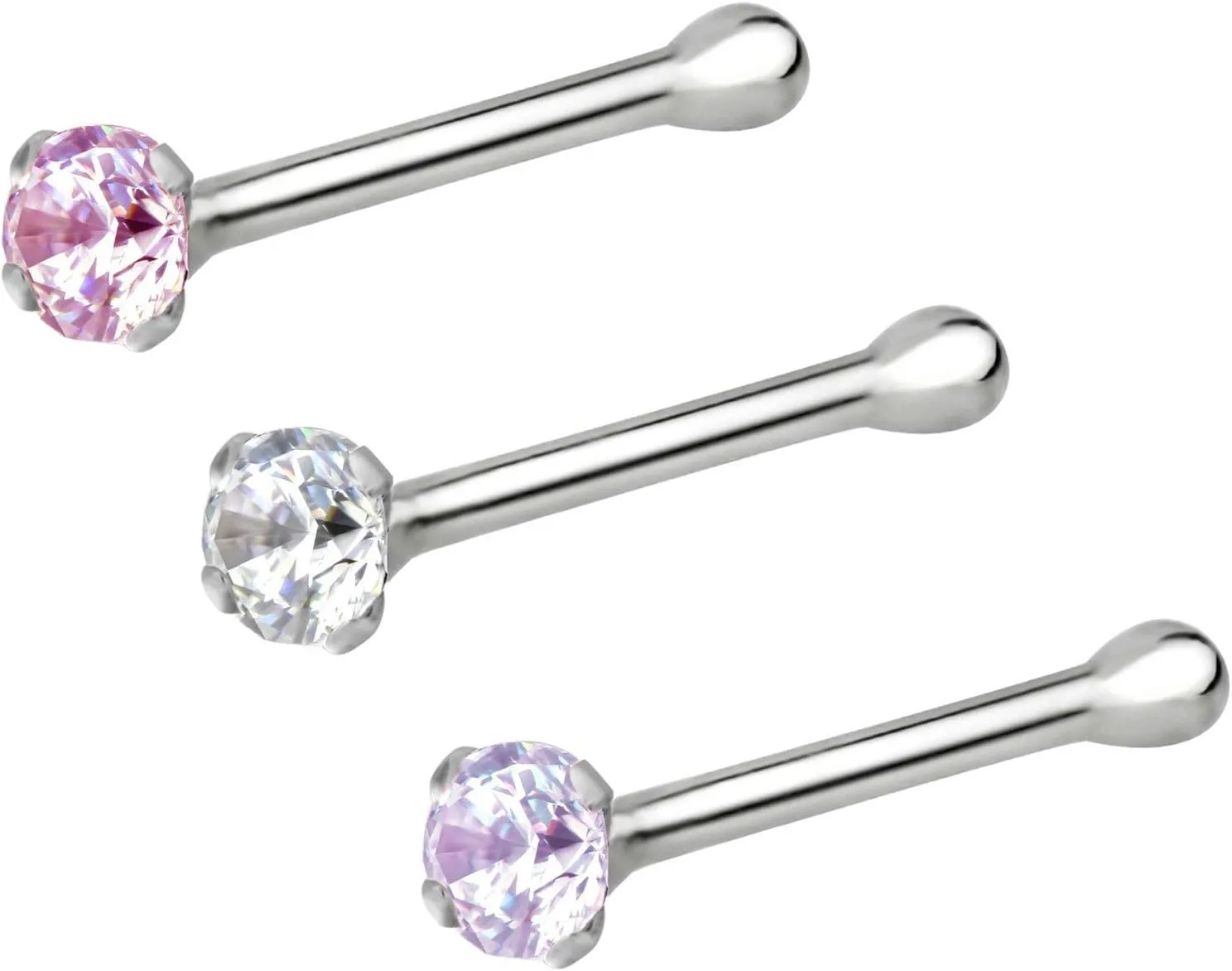 Forbidden Body Jewelry Nose Rings Sterling Silver CZ Simulated Diamond Micro Nose Studs 22G (Set of 3)