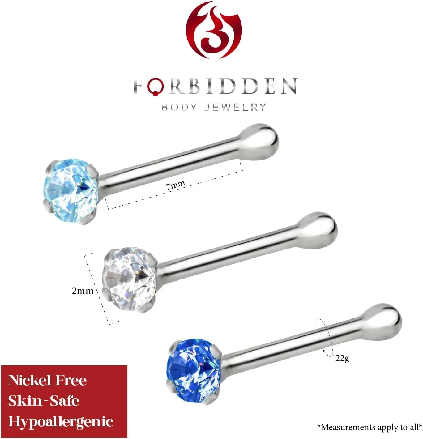 Forbidden Body Jewelry Nose Rings Sterling Silver CZ Simulated Diamond Micro Nose Studs 22G (Set of 3)