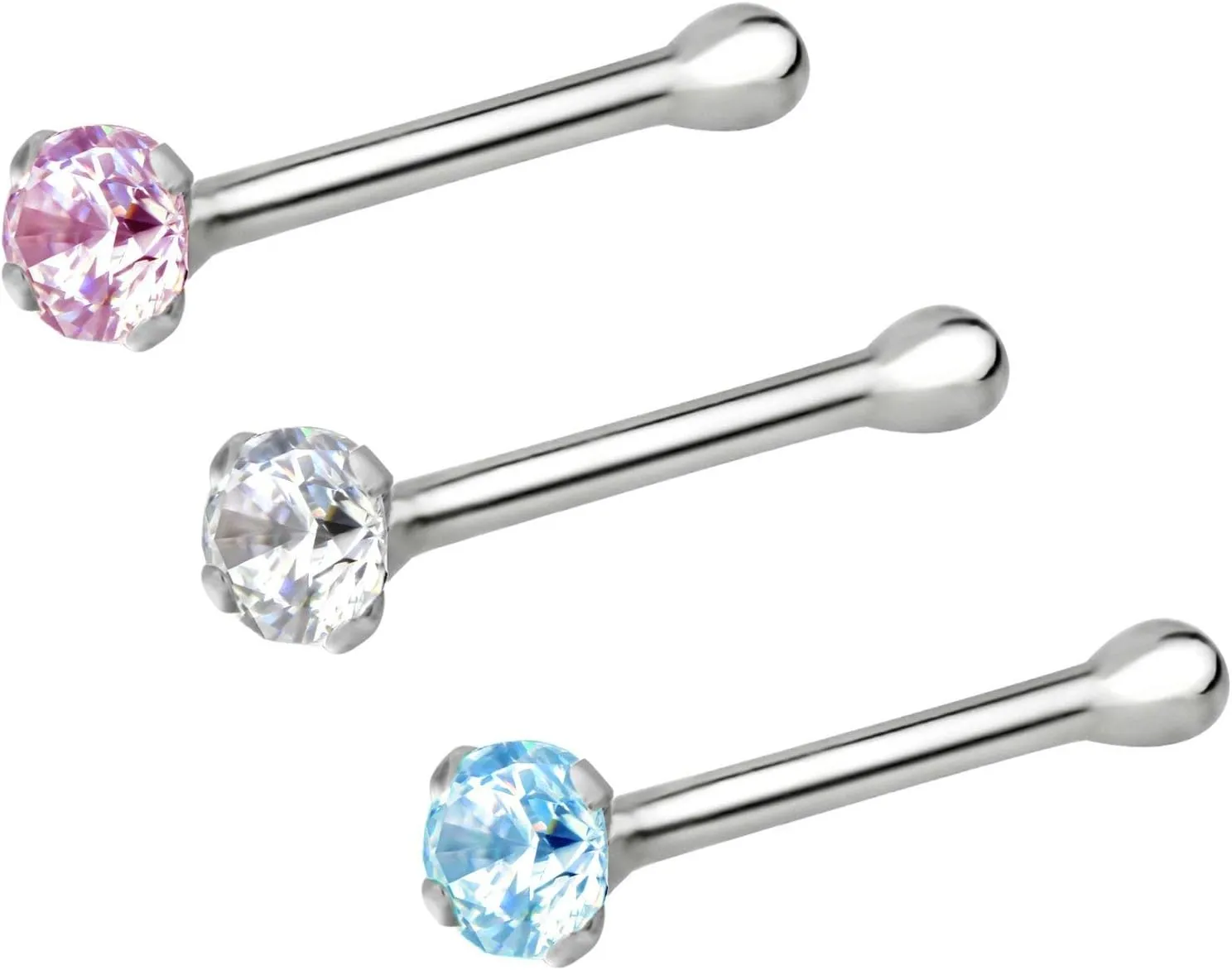 Forbidden Body Jewelry Nose Rings Sterling Silver CZ Simulated Diamond Micro Nose Studs 22G (Set of 3)