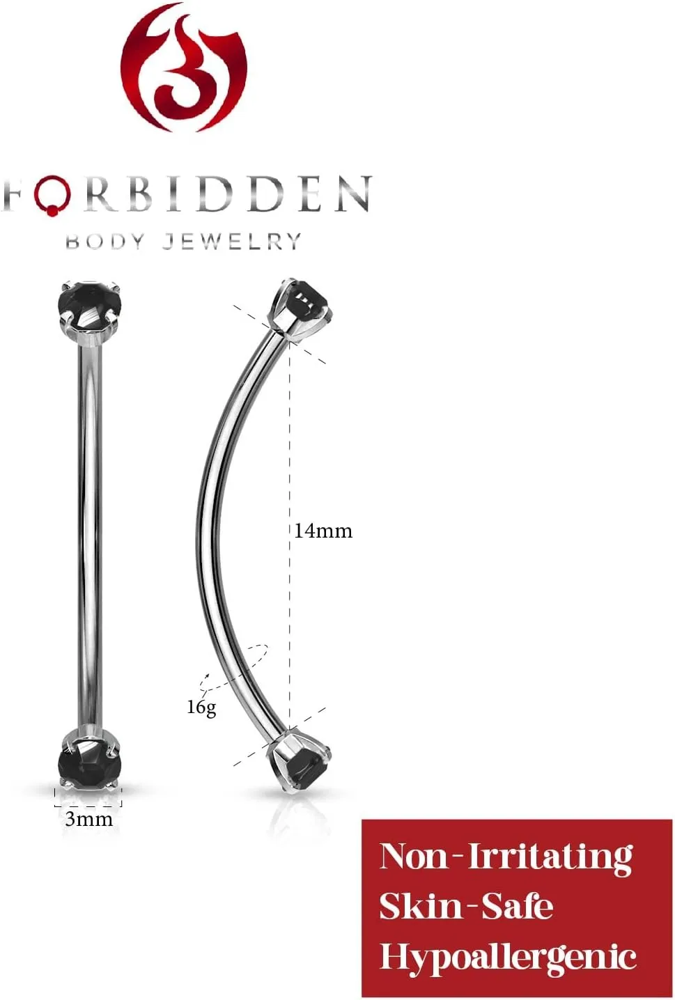 Forbidden Body Jewelry Snake Eyes Piercing Jewelry Tongue, Conch, Belly Button or Eyebrow Rings for Women & Men - 16g Curved Barbell 3mm Clear Crystal Surgical Steel Piercing (1 Pcs - 9/16")