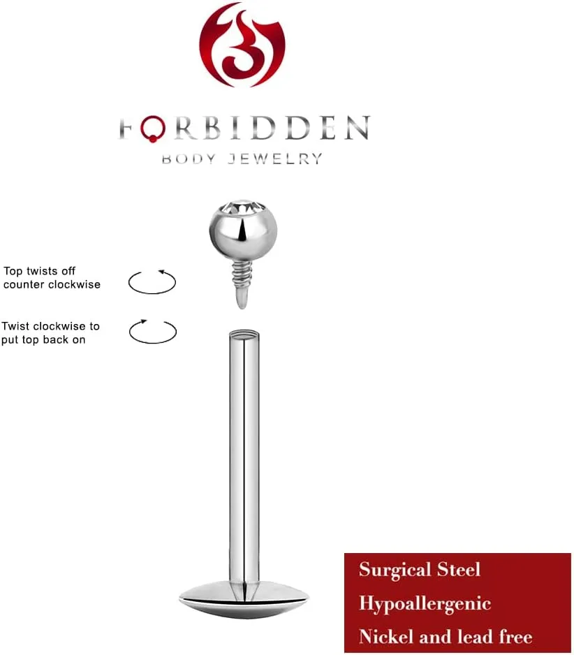 Forbidden Body Jewelry Surgical Steel Earrings Internally Threaded Micro CZ Gem Top Tragus/Helix/Labret Stud with 2mm Top 18G (4mm-10mm)