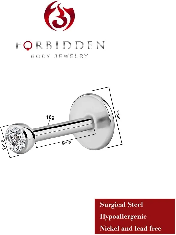 Forbidden Body Jewelry Surgical Steel Earrings Internally Threaded Micro CZ Gem Top Tragus/Helix/Labret Stud with 2mm Top 18G (4mm-10mm)