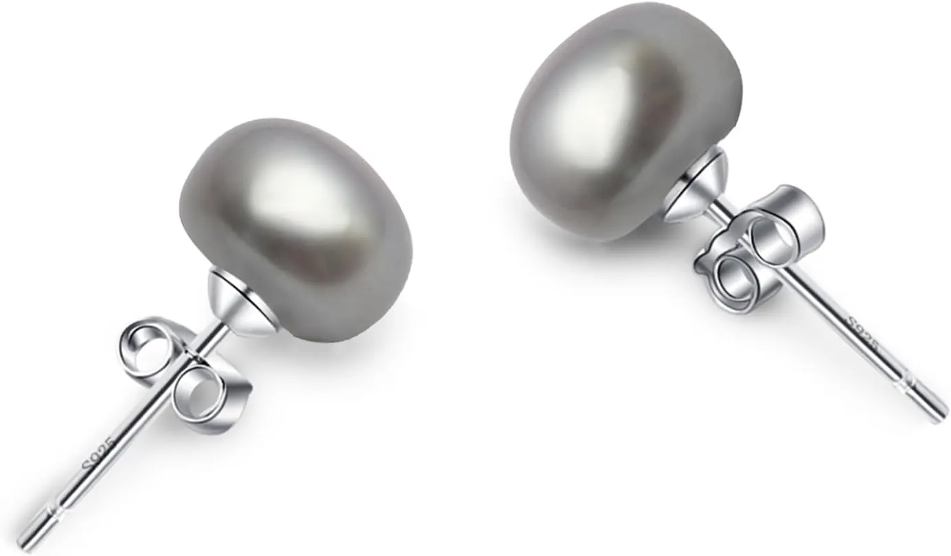 Freshwater Grey Black Pearl Earrings for Women,925 Sterling Silver Pearl Stud Earrings Hypoallergenic for Sensitive Ear
